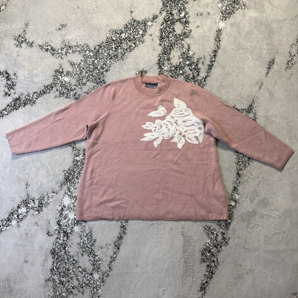 Nina Leonard Sweater Womens Size 2X Pink White Rose Print Rayon Blend 3/4 Sleeve